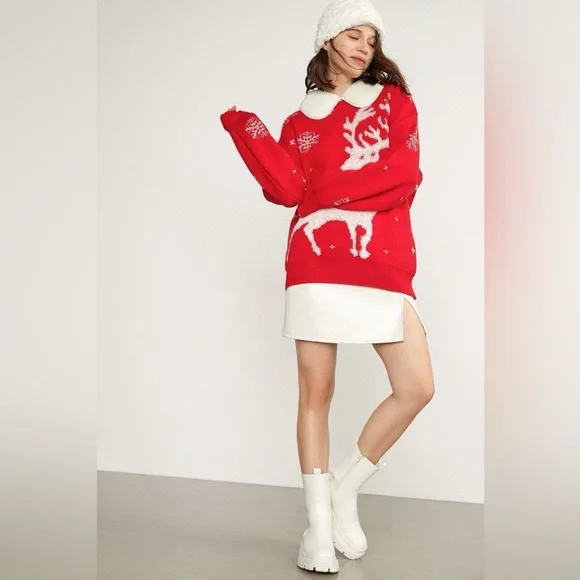 J.ING Jing Red Pullover Oversize Christmas Sweater w/ White Collar One Size NWT - Picture 5 of 10
